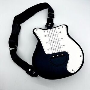 Novelty Guitar Shaped Crossbody Bag Black White Faux Leather Rock Style